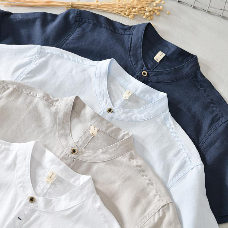 Causal Simple Design Short Sleeve Cotton Linen Half Button Men's Shirt