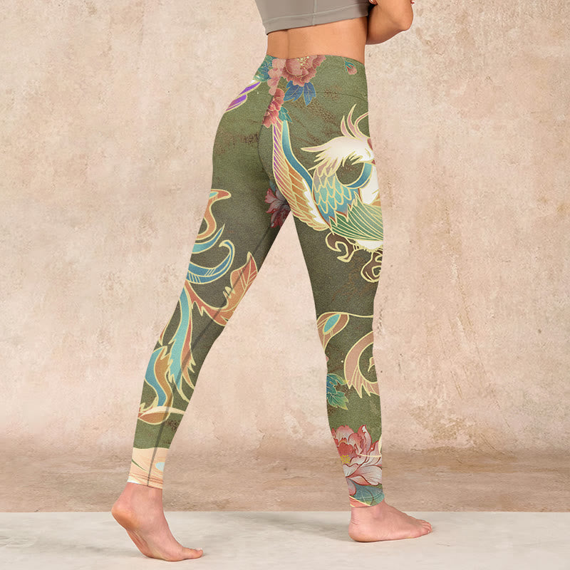 Vibrant Phoenix Flowers Print Gym Leggings Women's Yoga Pants