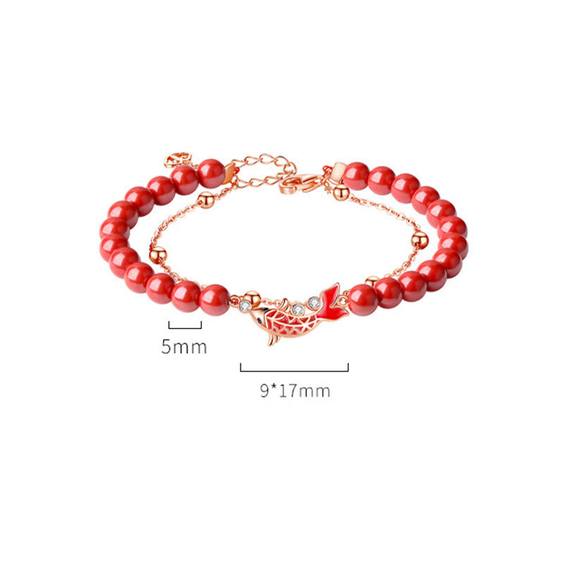 925 Sterling Silver Lucky Koi Fish Cinnabar Zircon Prosperity Double Layer Chain Bracelet