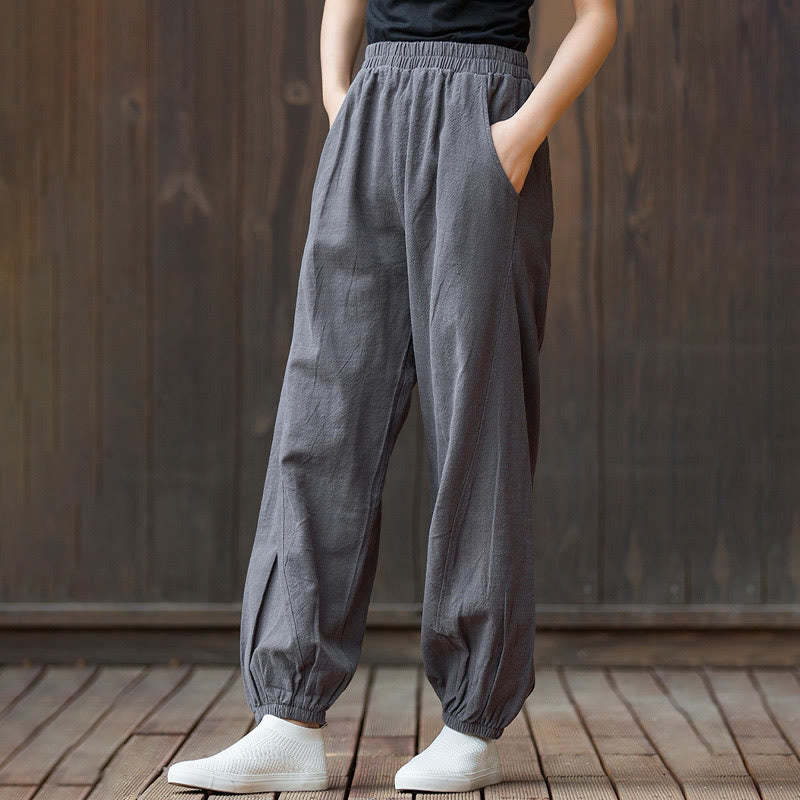 Casual Solid Plain Color Carrot Elastic Waistband Cotton Ramie Women's Pants With Pockets