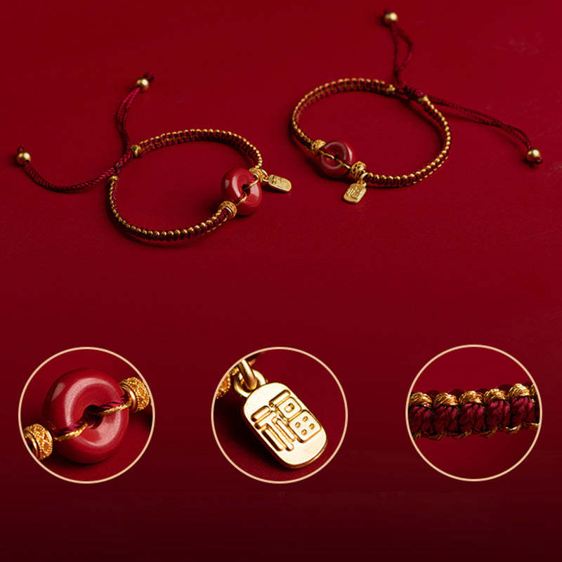 Natural Cinnabar Peace Buckle Fu Character Charm Blessing Braided Bracelet