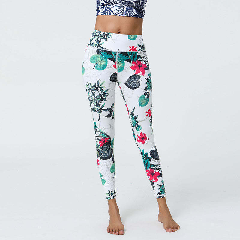 Flowers Leaves Dandelions Pineapples Print Sports Fitness High Waist Leggings Women's Yoga Pants