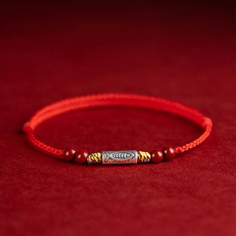 925 Sterling Silver Koi Fish Cinnabar Bead Wealth Handcrafted Braided Bracelet Anklet