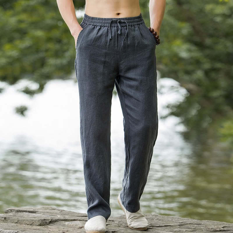 Solid Color Linen Men's Wide Leg Pants With Pockets