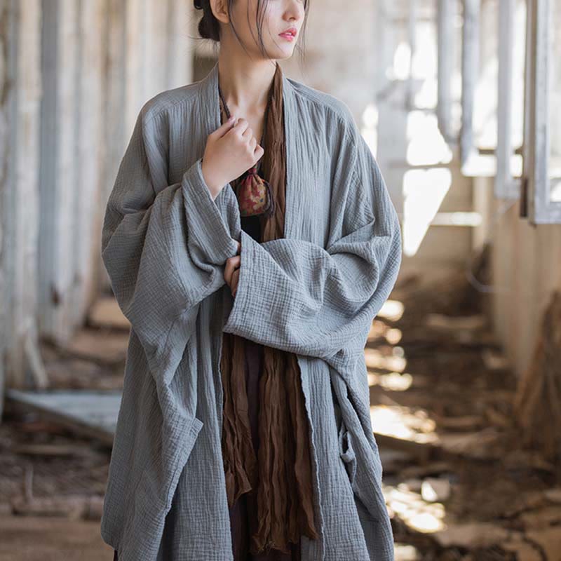 Plain Design Long Sleeve Coat Zen Meditation Open Front Top Cotton Jacket