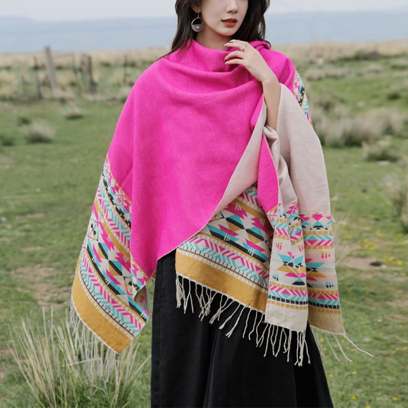 Tibetan Geometric Rhombus Pattern Tassels Shawl Fall Winter Warm Cozy Scarf Wrap