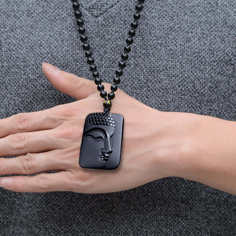 Natural Black Obsidian mystic zen Prayer Purification Luck Pendant Necklace