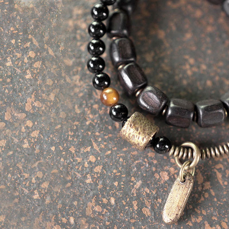 Ebony Wood Copper Brass Tiger Eye Peace Double Wrap Bracelet