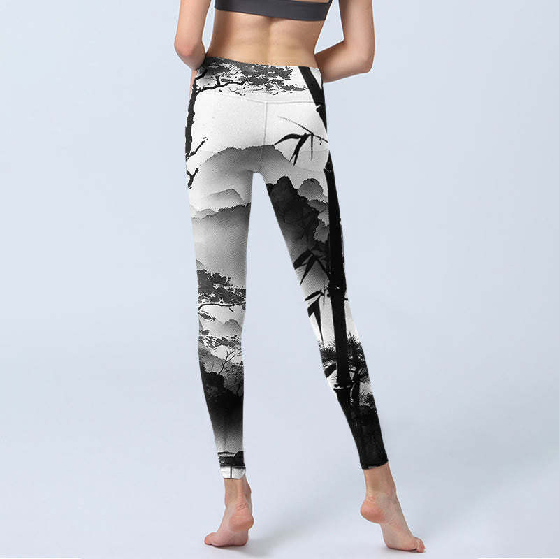 Ink Painting Bamboo Pine Mountain Scenery Print Gym Leggings Women's Yoga Pants