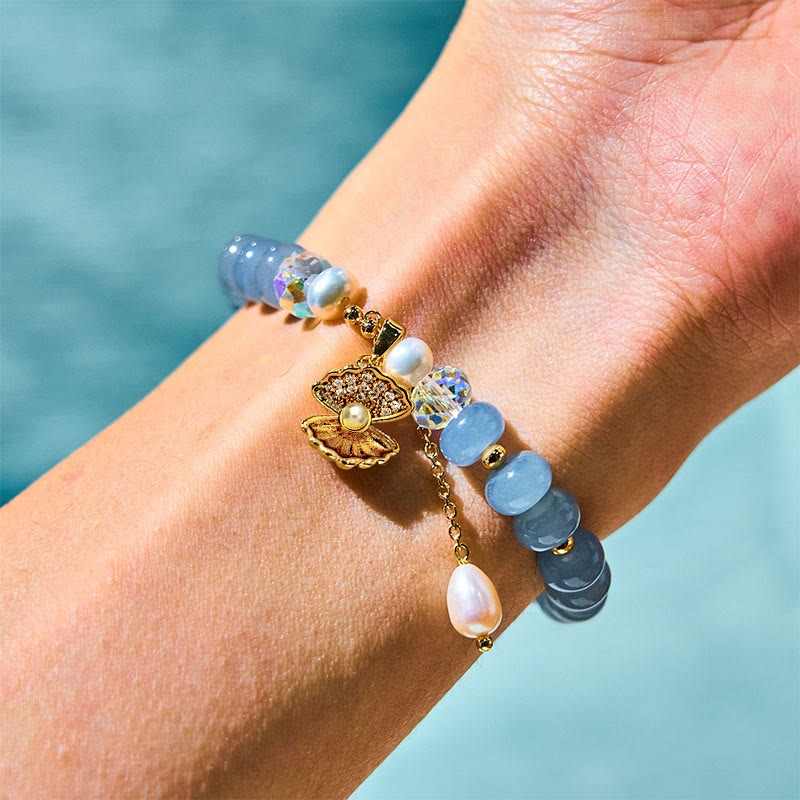 Natural Aquamarine Pearl Shell Healing Bead Bracelet