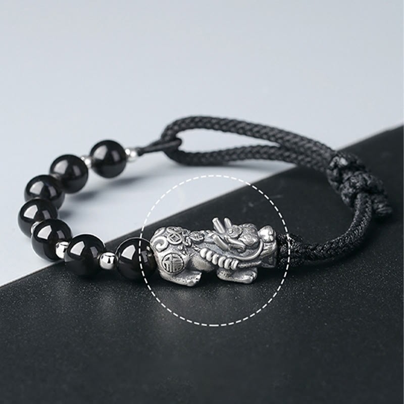999 Sterling Silver FengShui PiXiu Natural Black Obsidian 925 Sterling Silver Bead Strength Bracelet