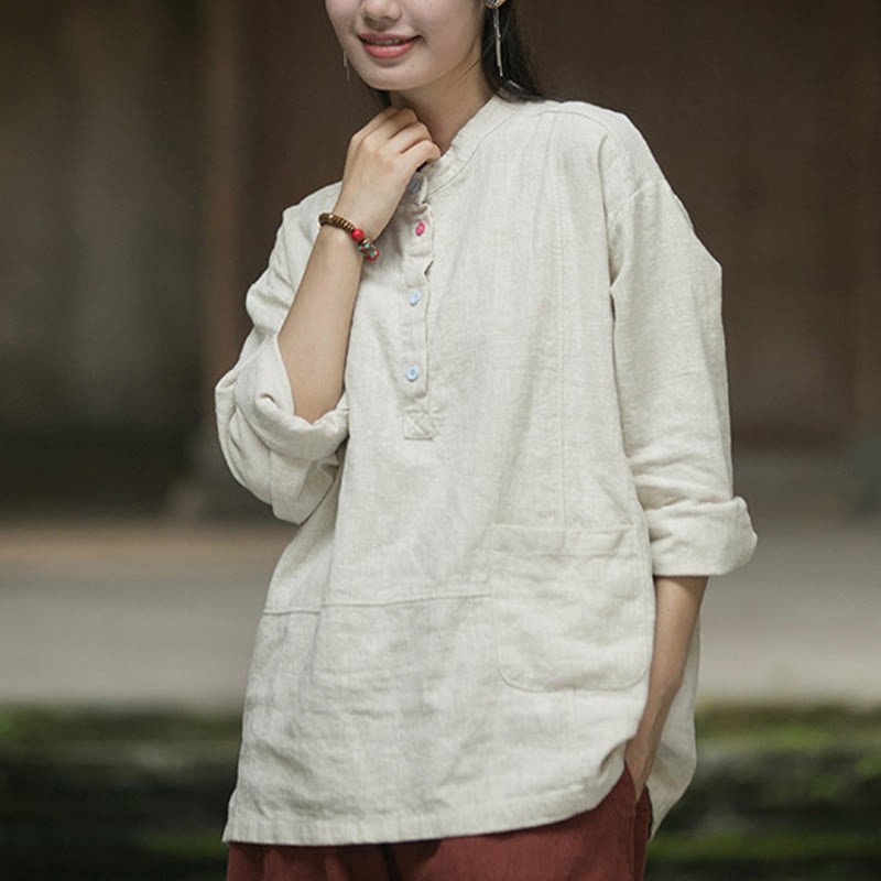 Solid Color Long Sleeve Ramie Linen Half Button Women's Shirt