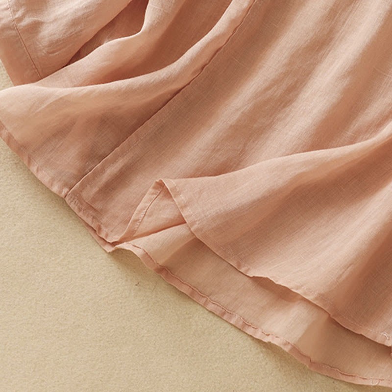 Plain Frog-Button Embroidery Vine Long Sleeve Slanted Collar Cotton Linen Women's Shirt