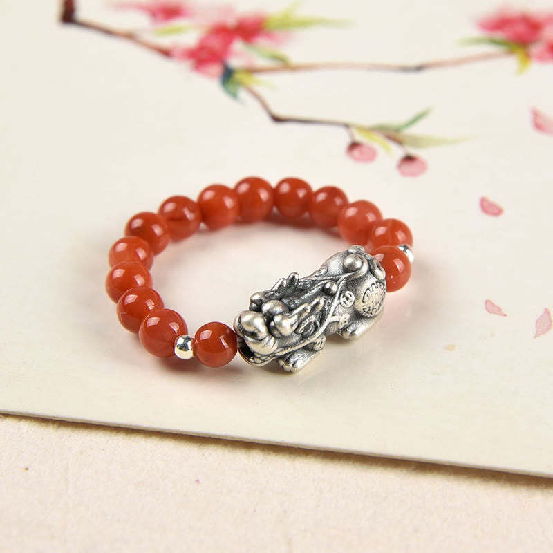 925 Sterling Silver Natural Garnet Moonstone Red Agate PiXiu Wealth Ring