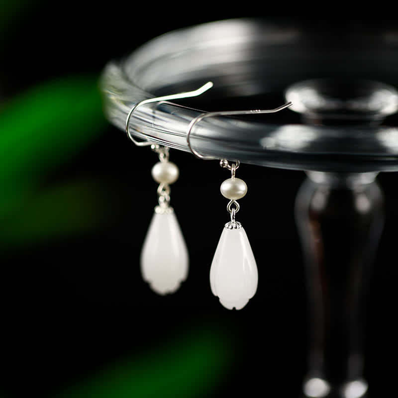 925 Sterling Silver White Jade Magnolia Flower Happiness Drop Earrings