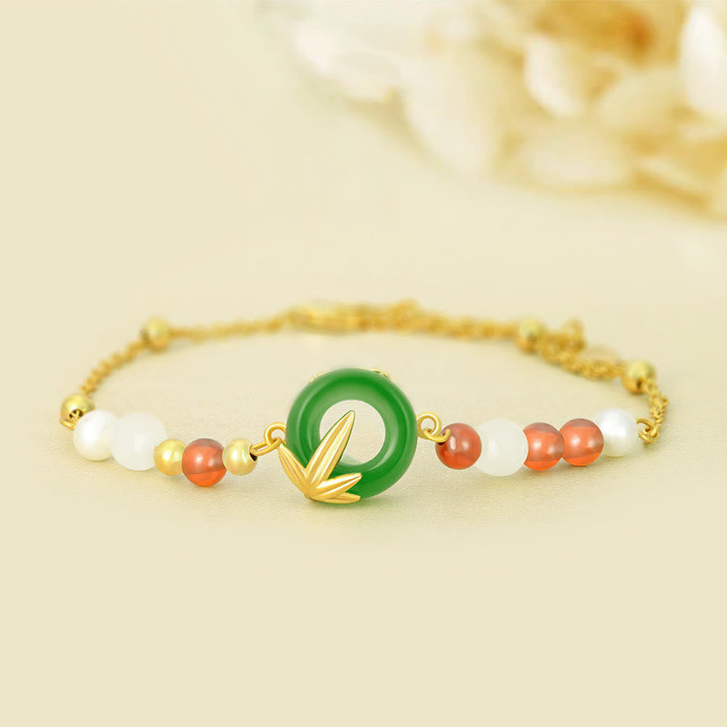 925 Sterling Silver Green Chalcedony Peace Buckle Bamboo Calm Bracelet
