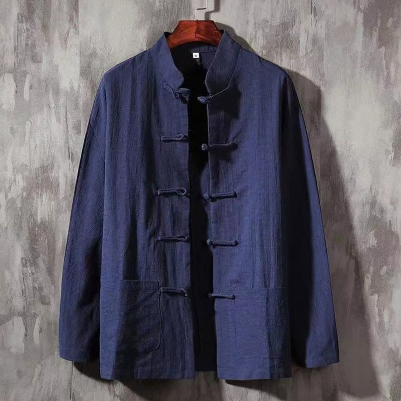 Men's Tang Long Sleeve Shirt Frog Button With Pocket Stand Collar Comfort Linen Shirt