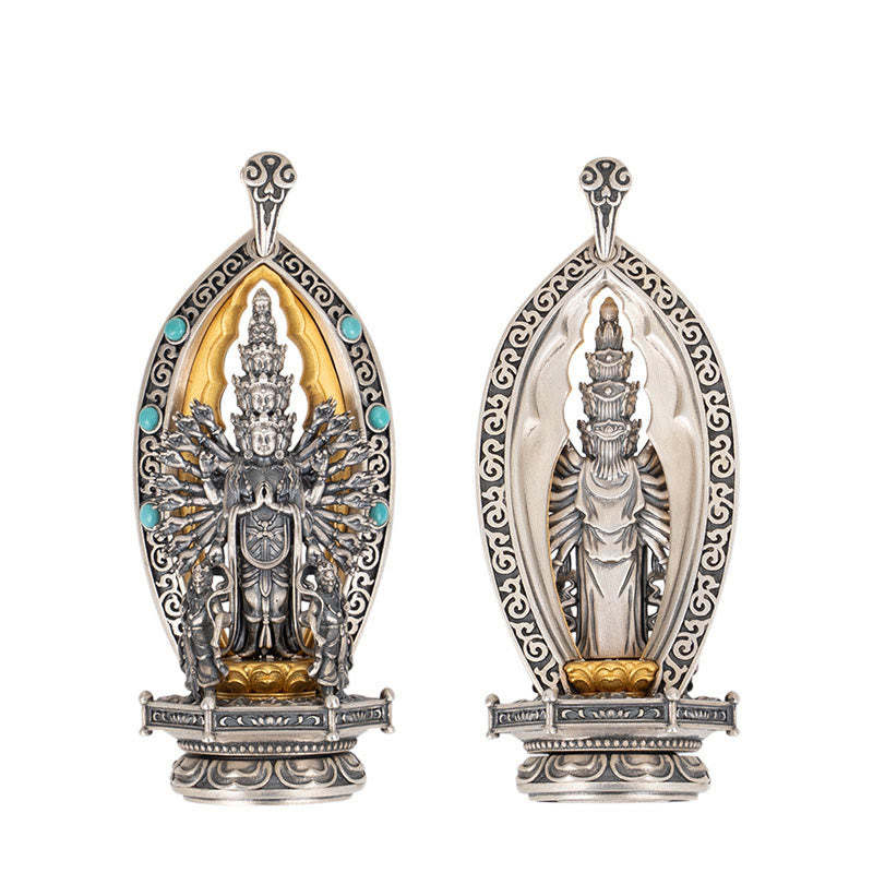925 Sterling Silver Thousand-armed Guanyin Kwan Yin Avalokite?vara Wealth Necklace Pendant