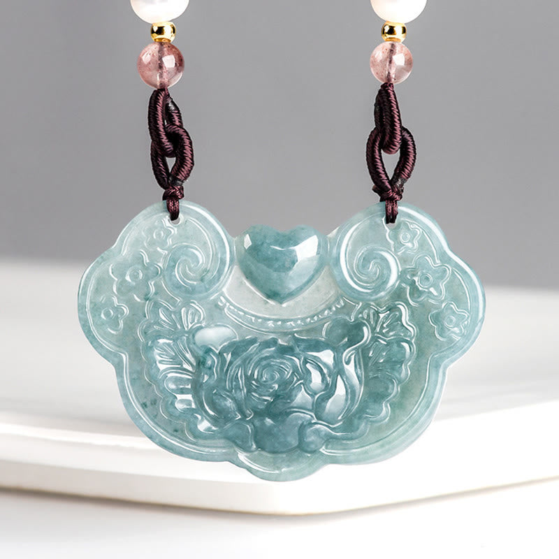Natural Jade Peony Flower Lock of Good Wishes Prosperity Necklace Pendant