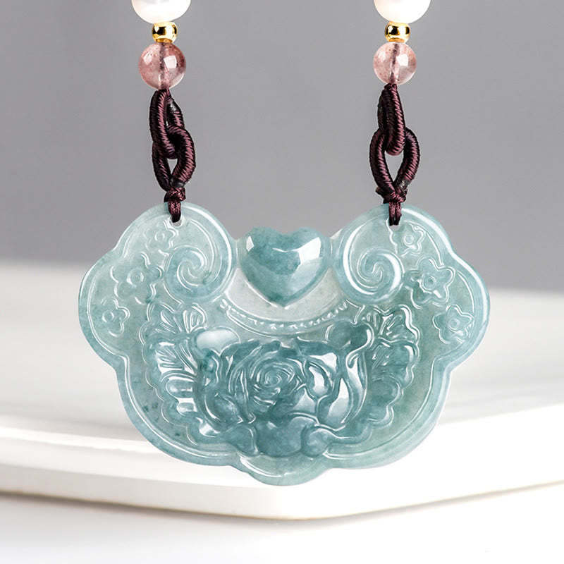 Natural Jade Peony Flower Lock of Good Wishes Prosperity Necklace Pendant
