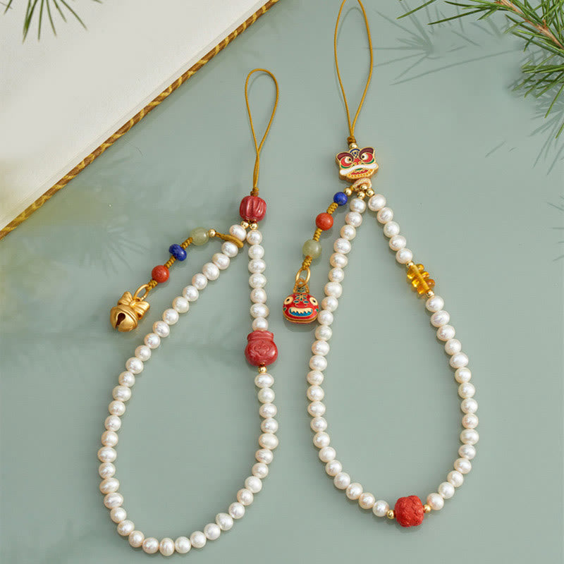 Natural Pearl Cinnabar Money Bag Bell Gold Swallowing Beast Dancing Lion Healing Phone Hanging Decoration