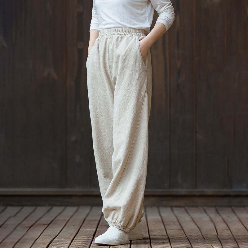 Casual Solid Plain Color Carrot Elastic Waistband Cotton Ramie Women's Pants With Pockets