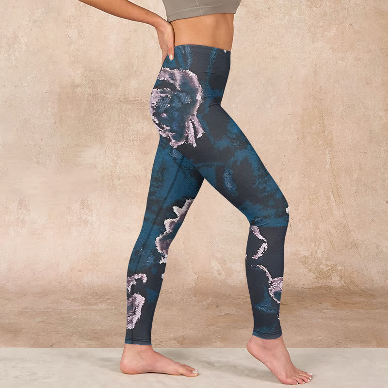 SteelBlue Silver Flowers Print Exercise Leggings Women's Yoga Pants