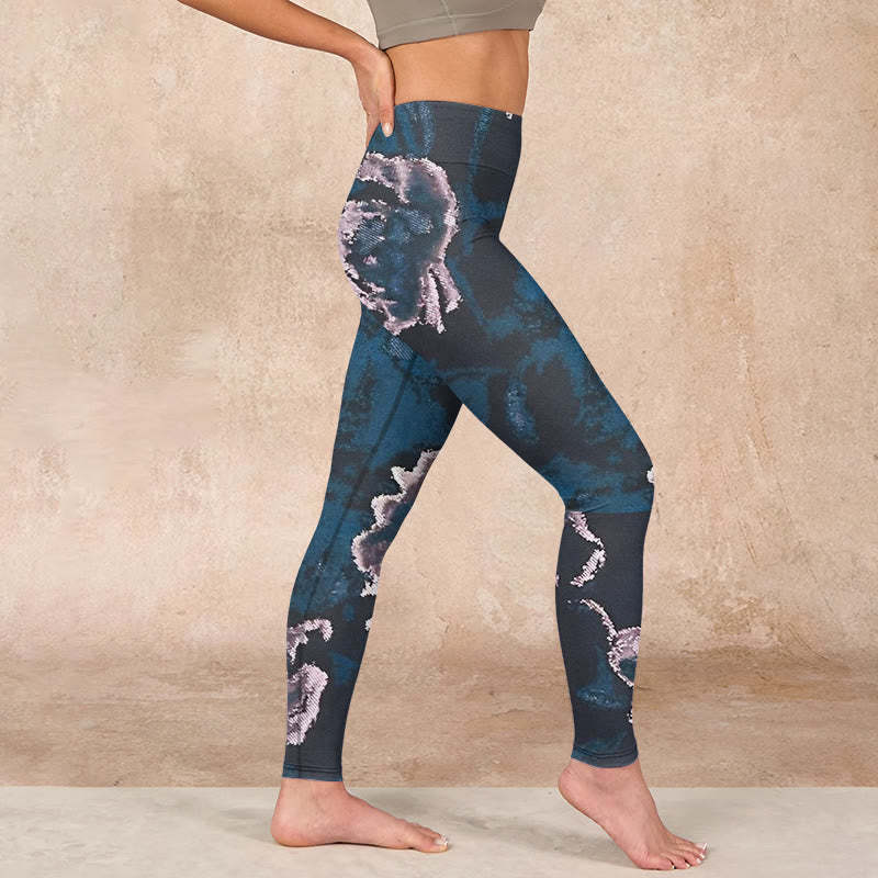 SteelBlue Silver Flowers Print Exercise Leggings Women's Yoga Pants