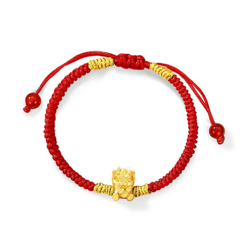 999 Sterling Silver Year of the Dragon Copper Coin Fortune Dragon Fu Character Luck Handcrafted Red String Braided Bracelet