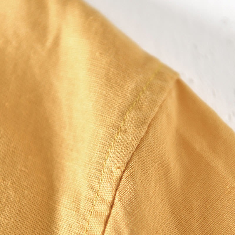 Summer Stand Collar Short Sleeve Cotton Linen Half Button Men's Shirt