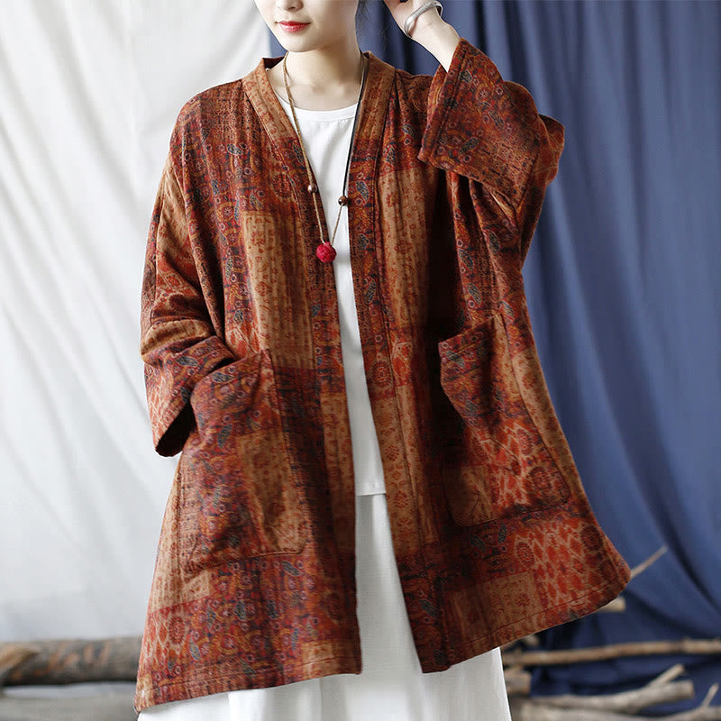 Orange Flower Geometry Print Cotton Open Front Jacket With Pockets