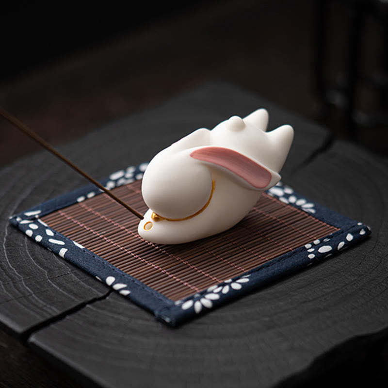 Flying Rabbit Bamboo Mat Healing Ceramic Incense Burner Desk Decoration