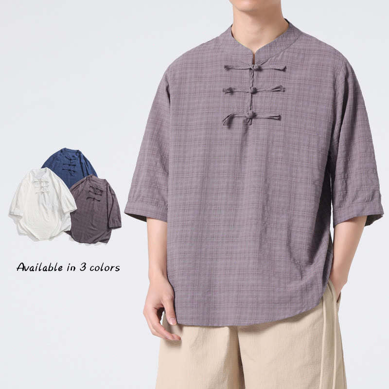 Frog-Button Plaid Pattern Chinese Tang Suit Half Sleeve Shirt Cotton Linen Men Clothing