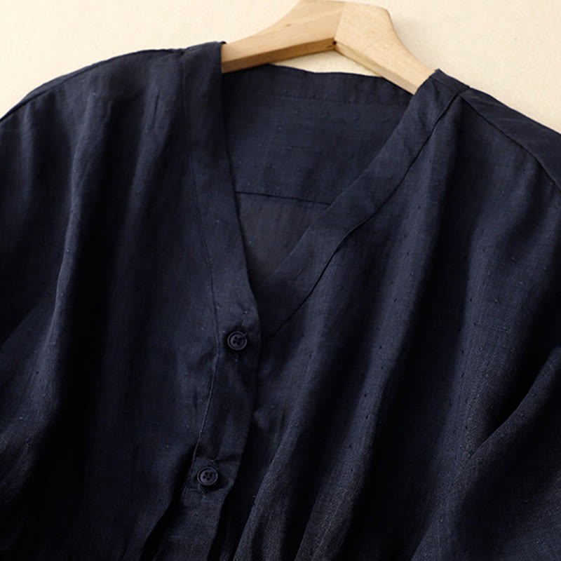 Spring Plain Button Half Puff Sleeve Waisted V-Neck Cotton Linen Women's Shirt