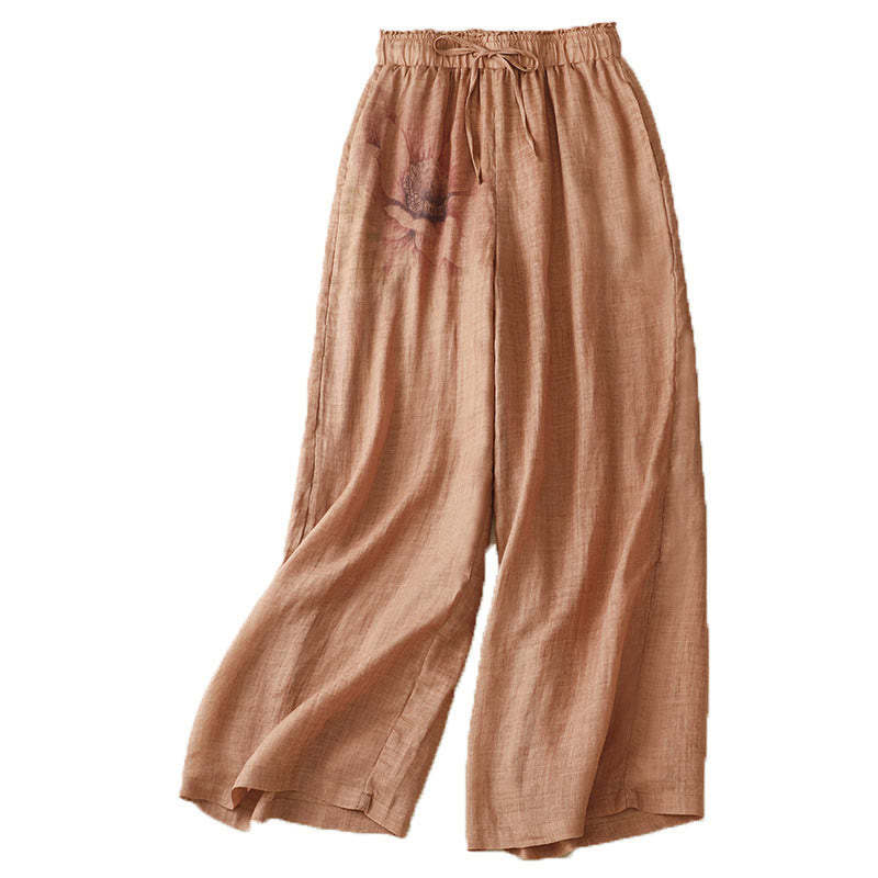 Floral Print High Waist Cotton Linen Drawstring Wide Leg Pants With Pockets
