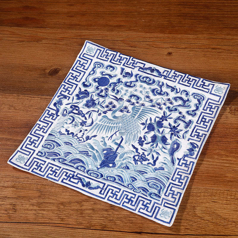 Crane Phoenix Dragon Kirin Embroidered Cup Mat Pad Tea Cup Coaster Square Kung Fu Tea Mat