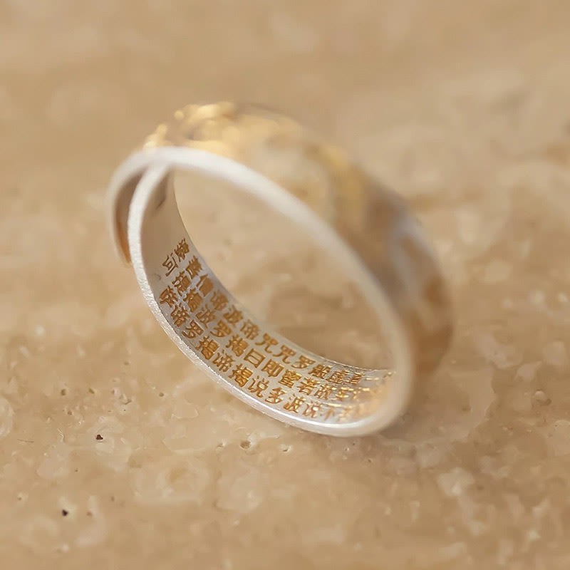 mystic zen Stone 999 Sterling Silver Gold-Painted Joyful Flower Pattern Peaceful Heart Sutra Ring