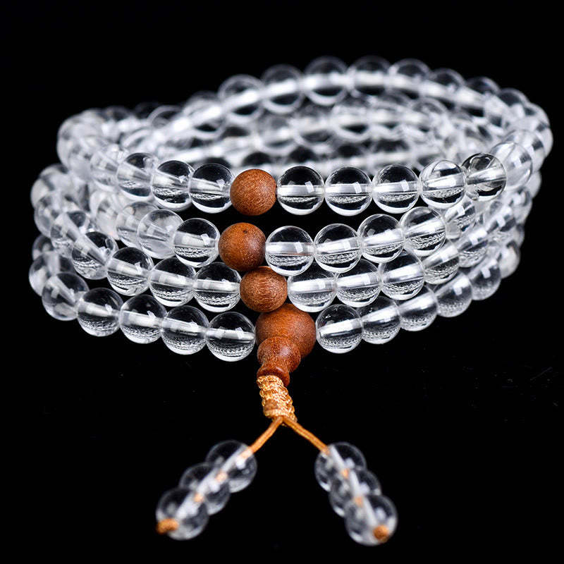 108 Mala Beads Natural Stone White Crystal Sandalwood Healing Bracelet