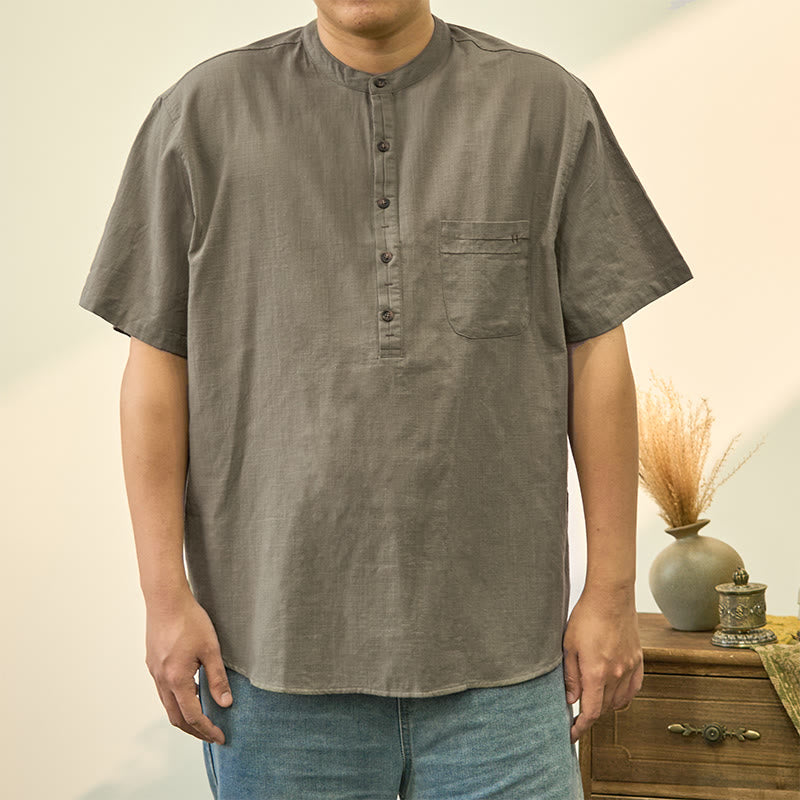 Men's Summer Solid Color Short Sleeve Half Button Cotton Linen Shirt