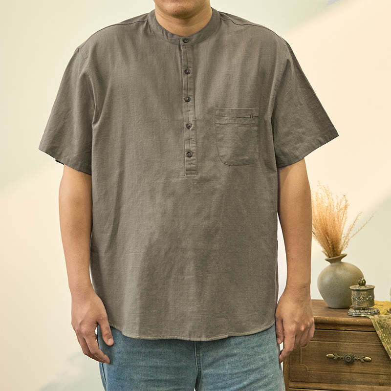 Men's Summer Solid Color Short Sleeve Half Button Cotton Linen Shirt