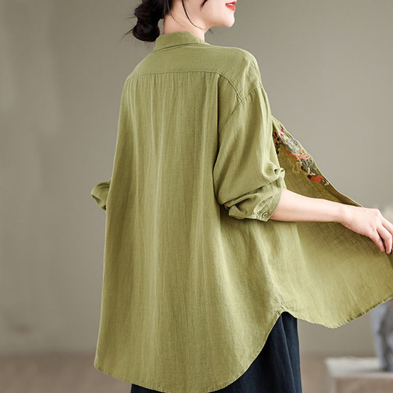 Flower Embroidery Long Sleeve Cotton Linen Women's Shirts