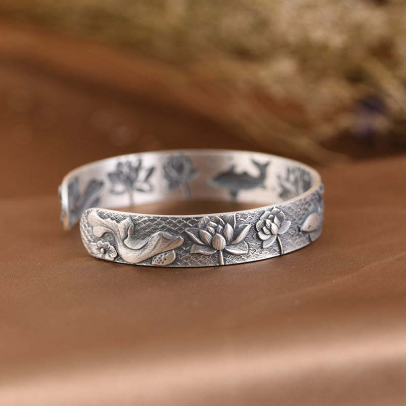 999 Sterling Silver Luck Koi Fish Lotus Wealth Bracelet Bangle