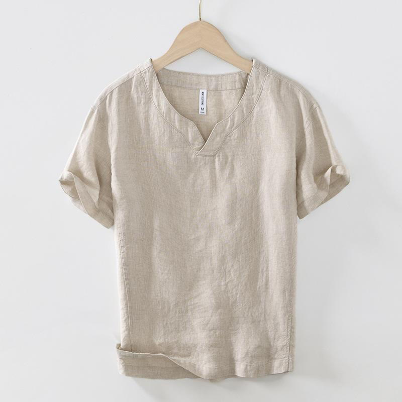 Casual Plain V-neck Short Sleeve Linen Men's Shirt