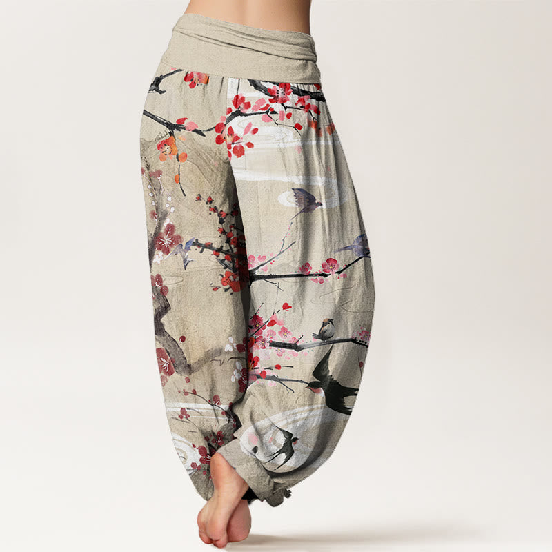 Casual Plum Blossom Bird Mountain Pattern Women's Elastic Waist Harem Pants