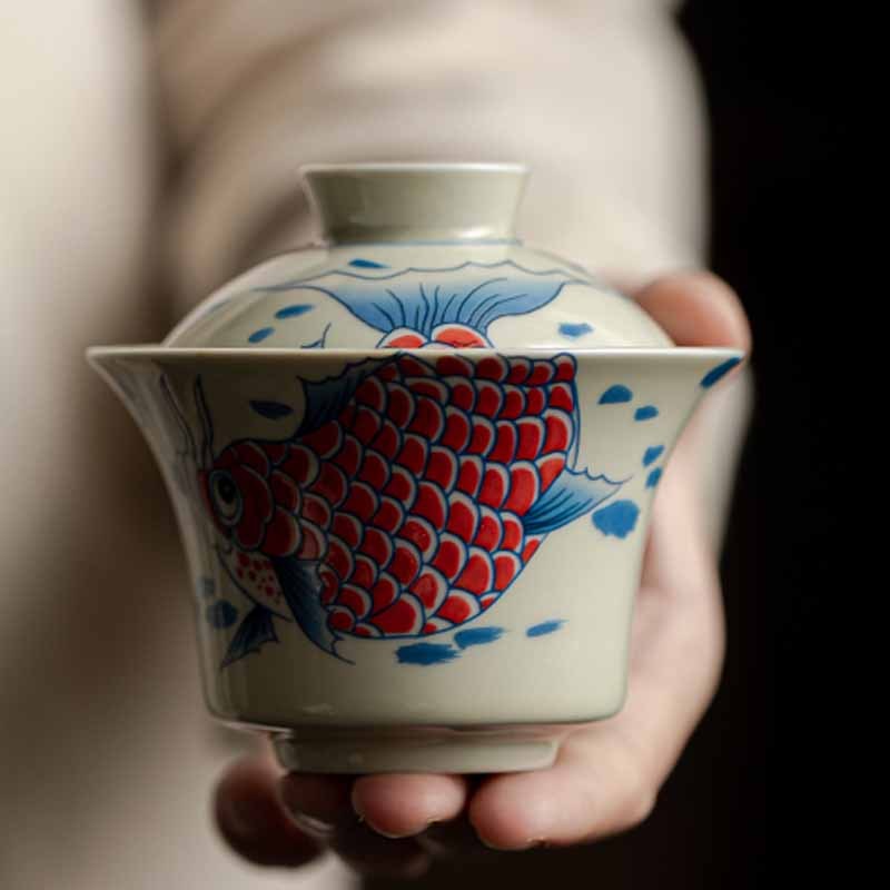 Koi Fish Arowana Ceramic Gaiwan Sancai Teacup Kung Fu Tea Cup With Lid 130ml