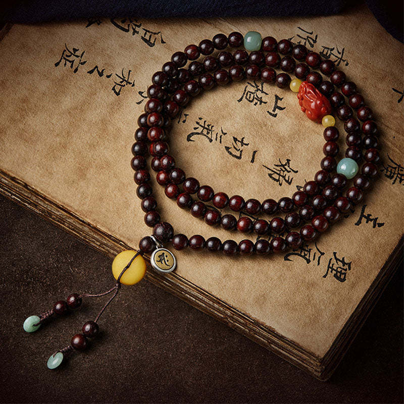 Chinese Zodiac Natal mystic zen 108 Mala Beads Small Leaf Red Sandalwood Red Agate PiXiu Protection Bracelet