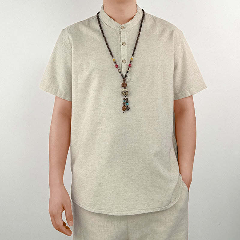 Solid Color Men Short Sleeve Button Linen Shirt
