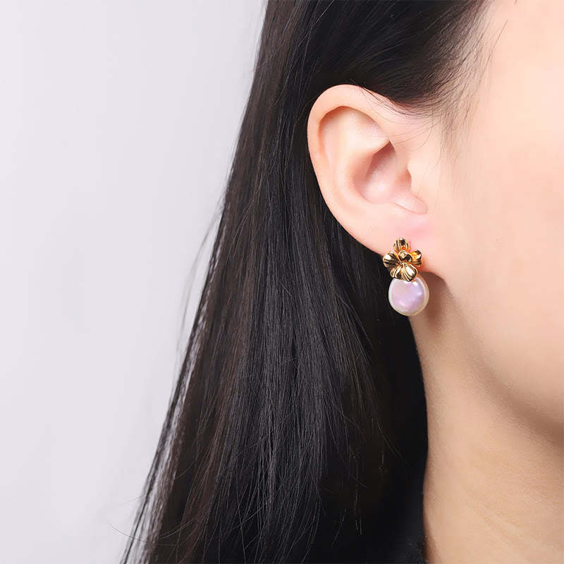 925 Sterling Silver Natural Baroque Pearl Flower Healing Drop Earrings