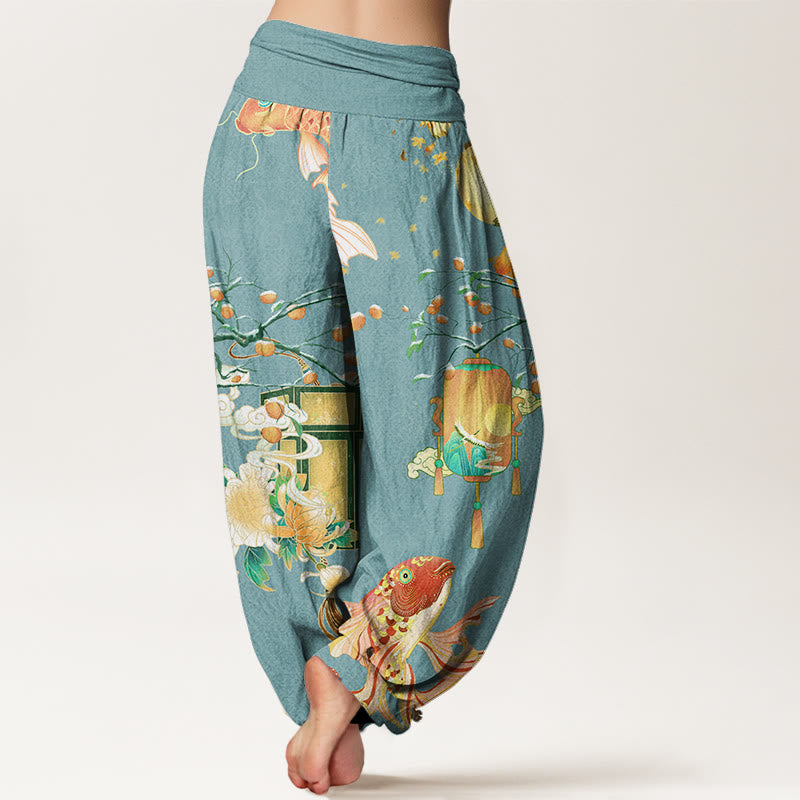 Koi Fish Lanterns Chrysanthemums Fruit Trees Women's Elastic Waist Harem Pants