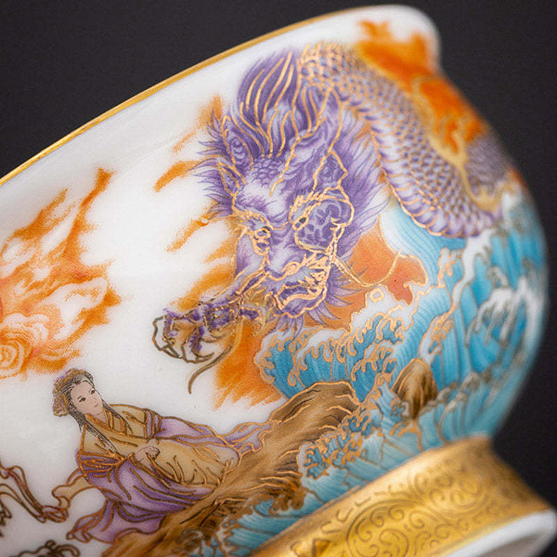 Golden Eagle Auspicious Dragon Sun Ocean Waves Gilt Ceramic Teacup Kung Fu Tea Cup